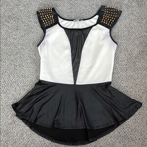 Charlotte Russe 2000s white and black peplum top with gold studs and mesh center